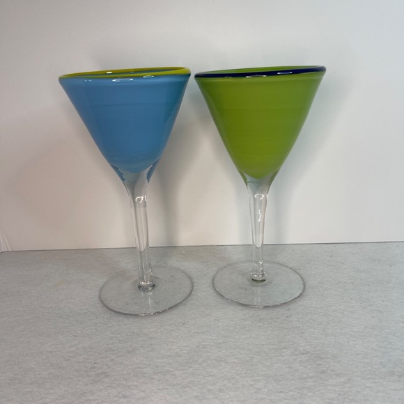 The Unbranded Brand Other - Margarita Martini Cocktail Blown Glass Base Rim Blue and Green Set of 2